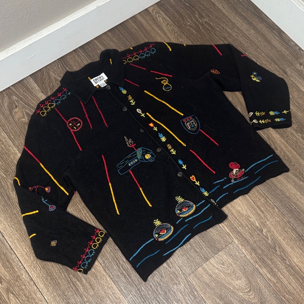 Chico's Black Cardigan with Multicolor Embroidery Sweater Women’s Size 2 - Picture 4 of 14